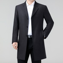中长款西装领羊毛风衣商务休闲中年爸爸装条纹大衣扣子款男装外套