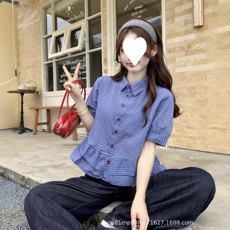 法式蓝色格子泡泡袖衬衫女2025夏季miu系通勤开衫荷叶边衬衣上衣|undefined
