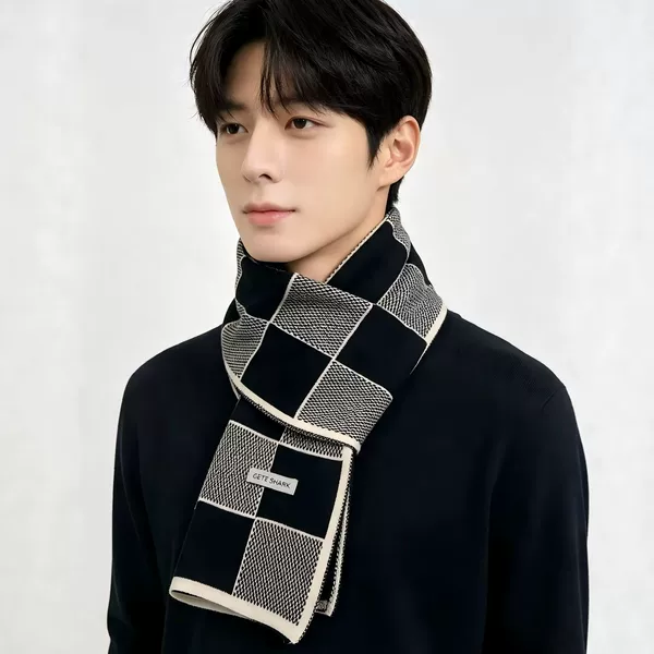 New men's plaid scarf, thickened for warmth in autumn and winter, faux cashmere, versatile business style, knitted neck warmer, trendy men's accessory