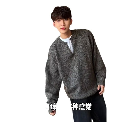 Men's V-neck Solid Color Sweatshirt for Winter - Grey - High-end Loose Casual Knit Top