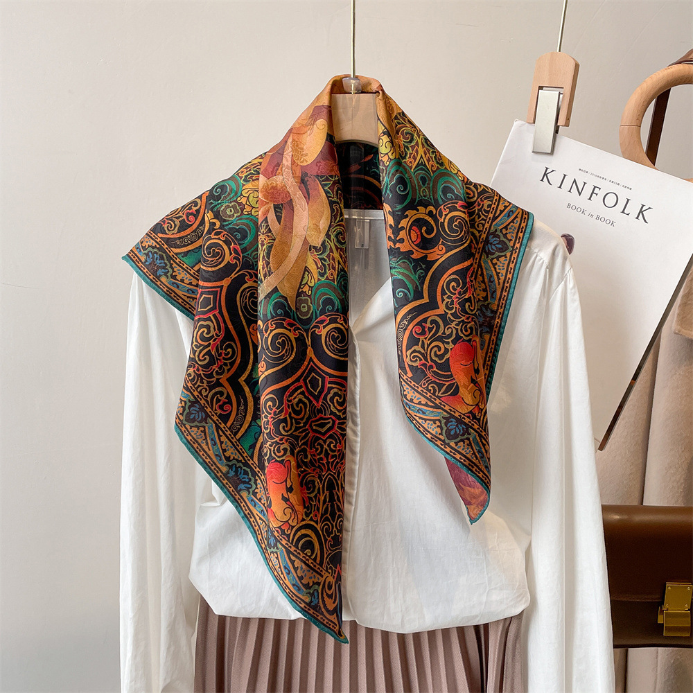 Printed Square Silk Scarf Elegant Chinese Style Shawl_voghion.com