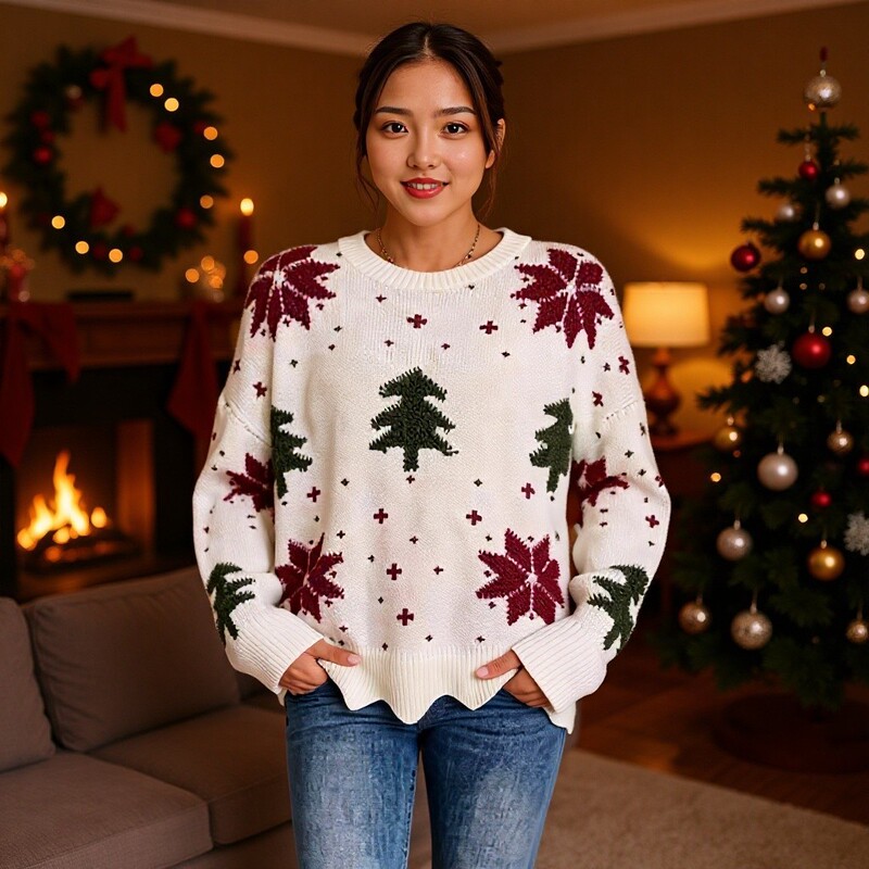 Cross-Border New European and American Style Amazon Loose Casual Knit Sweater Round Neck Pullover Jacquard Atmospheric Christmas Sweater for Women Cross-Border New European and American Style Amazon Loose Casual Knit Sweater Round Neck Pullover Jacquard Atmospheric Christmas Sweater for Women