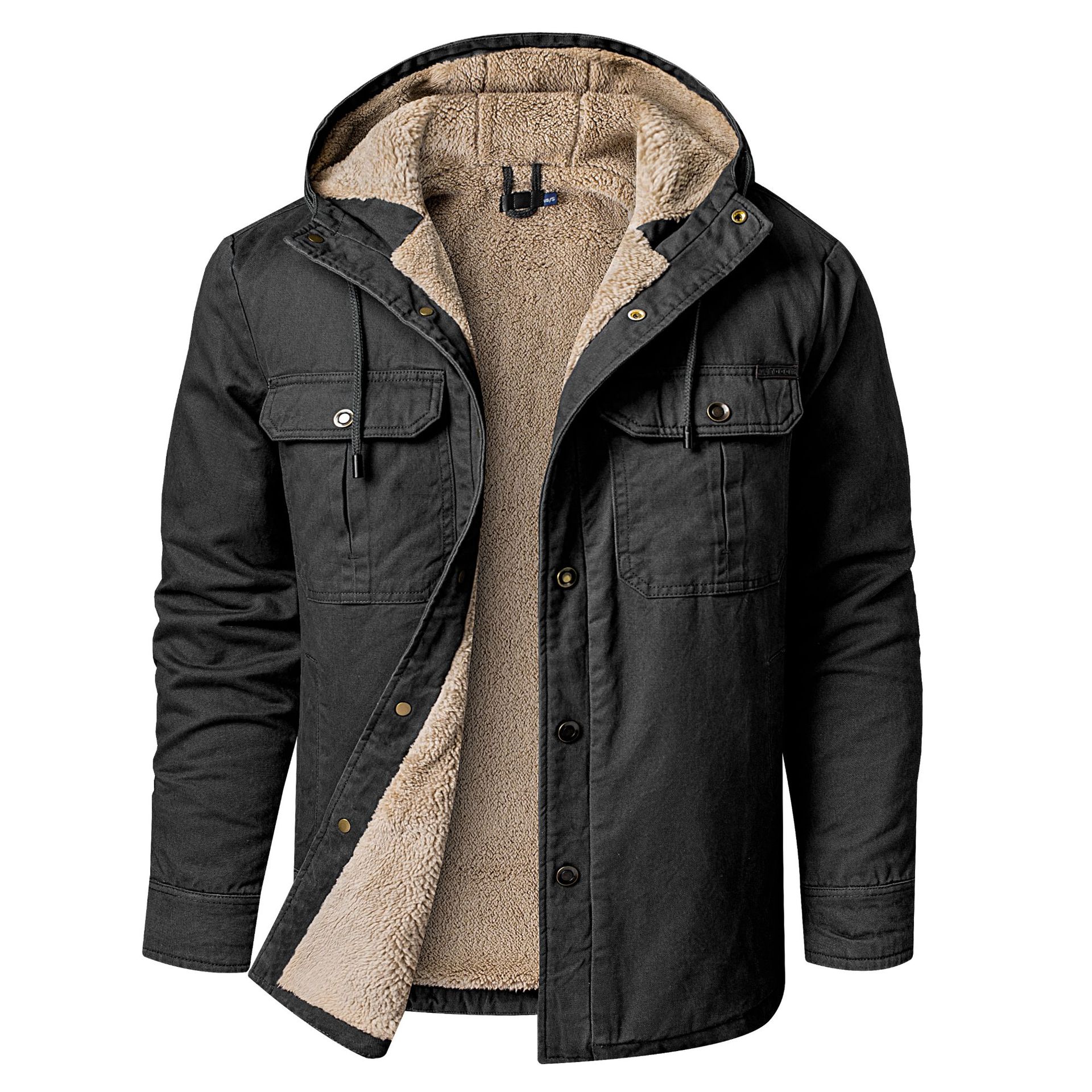 Miesten vaatteet, suoramyyntikoko, miesten monitaskuinen, suurikokoinen puuvillatakki, paksunnettu hupullinen puuvillatakki, keskipitkä puuvillatakki, sherpa-takki_voghion.com