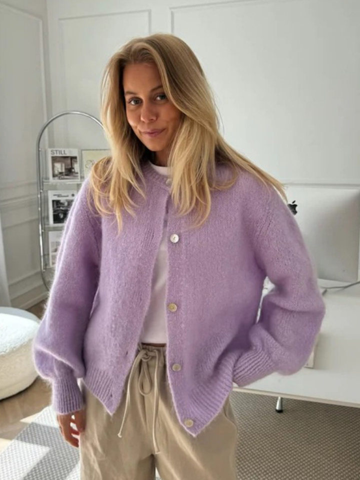 Áo cardigan len dệt kim dáng mỏng nhẹ cài nút một hàng, tay dài cổ tròn nữ — hoa hồng đỏ, màu be, màu cam, màu hoa cà chi tiết 71
