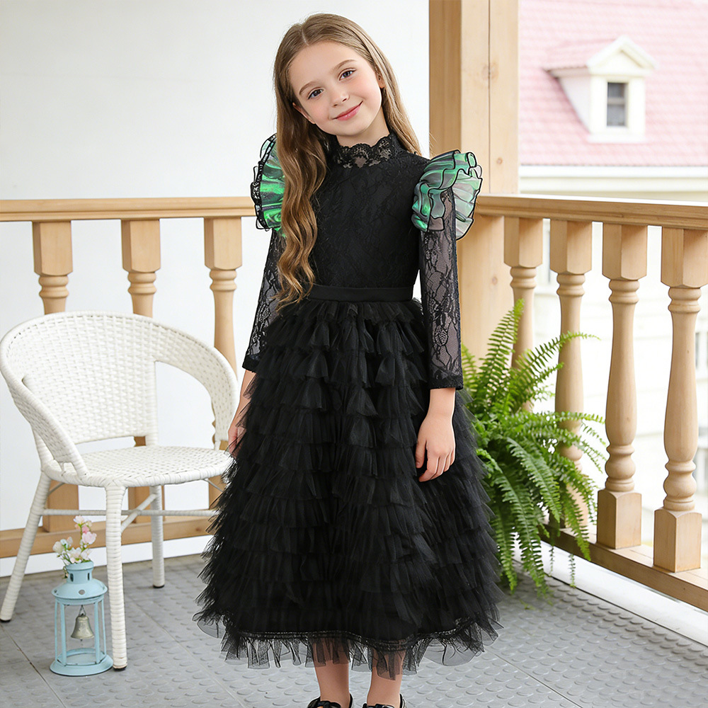 2026 explosión transfronteriza mágica bruja mala cosplay encaje negro vestido largo vestido de fiesta de Halloween