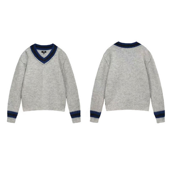 Cross-Border High-Quality Stu Stussy Autumn and Winter New V-Neck Sea Horse Wool Sweater Casual Versatile Color-Blocking Sweater for Men and Women