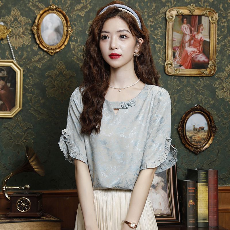 New Chinese -style wooden ear short -sleeved chiffon shirt female…