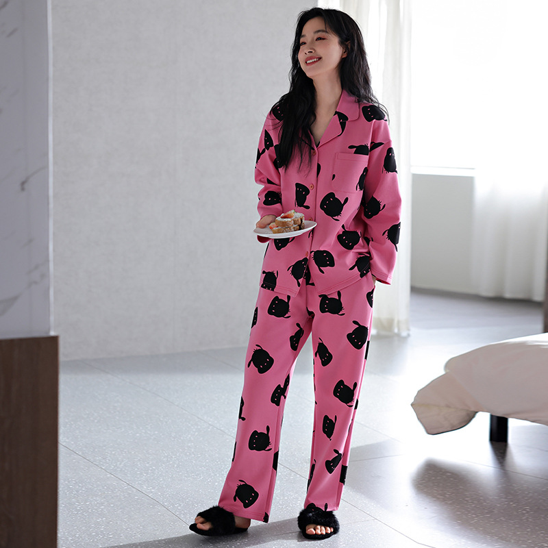 ChicShe Frühlings- und Langarm-Pyjama für Damen, Herbst, reine Baumwolle, Cartoon-Motiv, große Größen, locker, lässig, tragbar, Homewear-Set_voghion.com