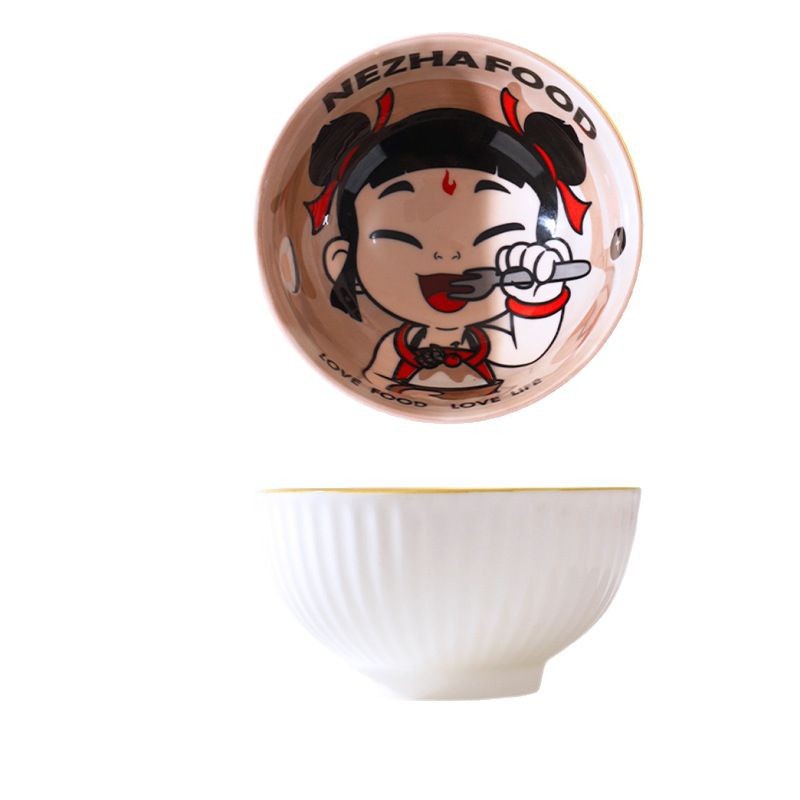 Tazón de arroz para niños Nezha para niños, vajilla linda de color bajo vidriado, suplemento de alimentos para el hogar creativo de alto valor, padres e hijos se mudan a un nuevo hogar