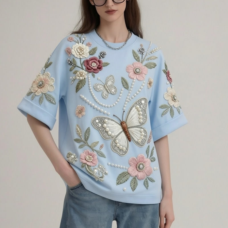 2026 Summer New French-Style Elegant Youthful Heavy Beading Short-Sleeve T-Shirt for Women, Beautiful Designer Round-Neck Top 2026 Summer New French-Style Elegant Youthful Heavy Beading Short-Sleeve T-Shirt for Women, Beautiful Designer Round-Neck Top
