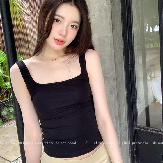 Summer Dopamine Square Collar Camisole Women's Bottoming Sleeveless Outer Wear Inner Solid Color Slim-fit Top with Chest Pad