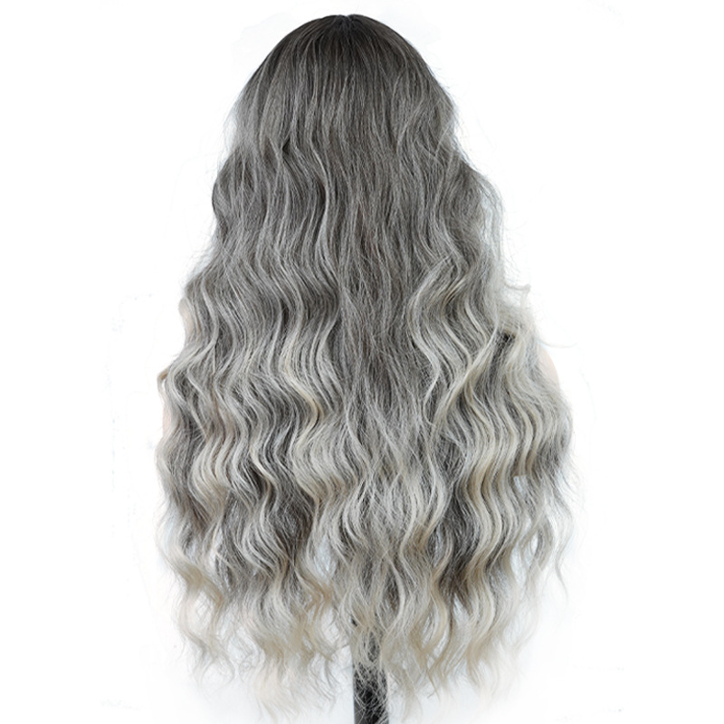 Synthetische Perücke, Chemiefaser-Perücke, komplettes Set, Farbverlauf, grau, gerader Pony, tiefe Welle, lange lockige Haarperücken_voghion.com