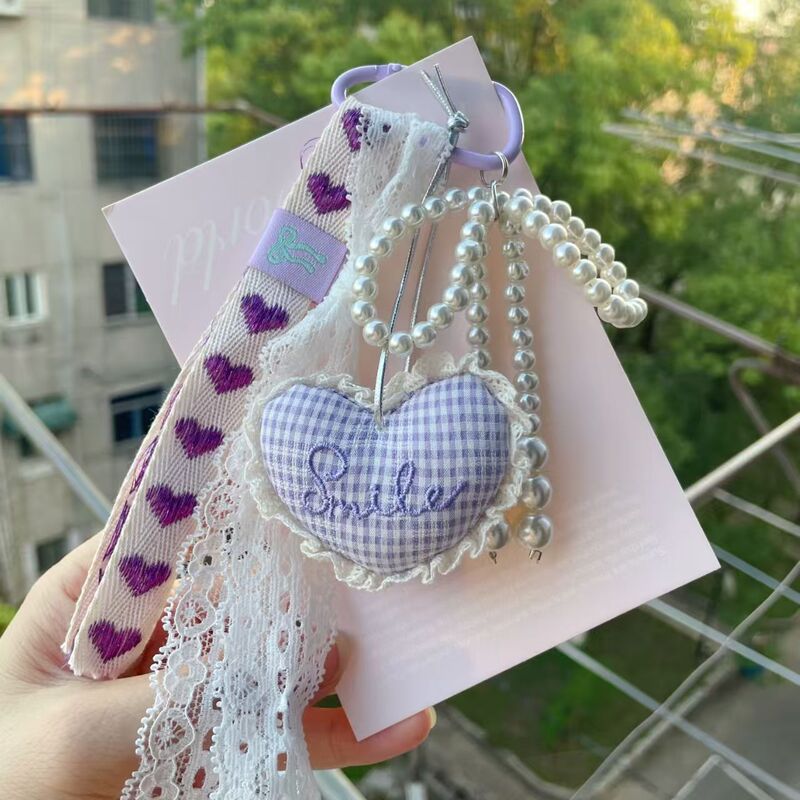 Korean Version of the New Plaid Lace Heart Fabric Small Fresh Car Keychain Pendant Bag Pendant Mobile Phone Chain