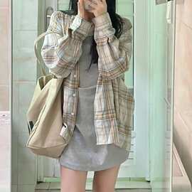 格子布+单排多扣夏季外套女薄款开衫衬衣女