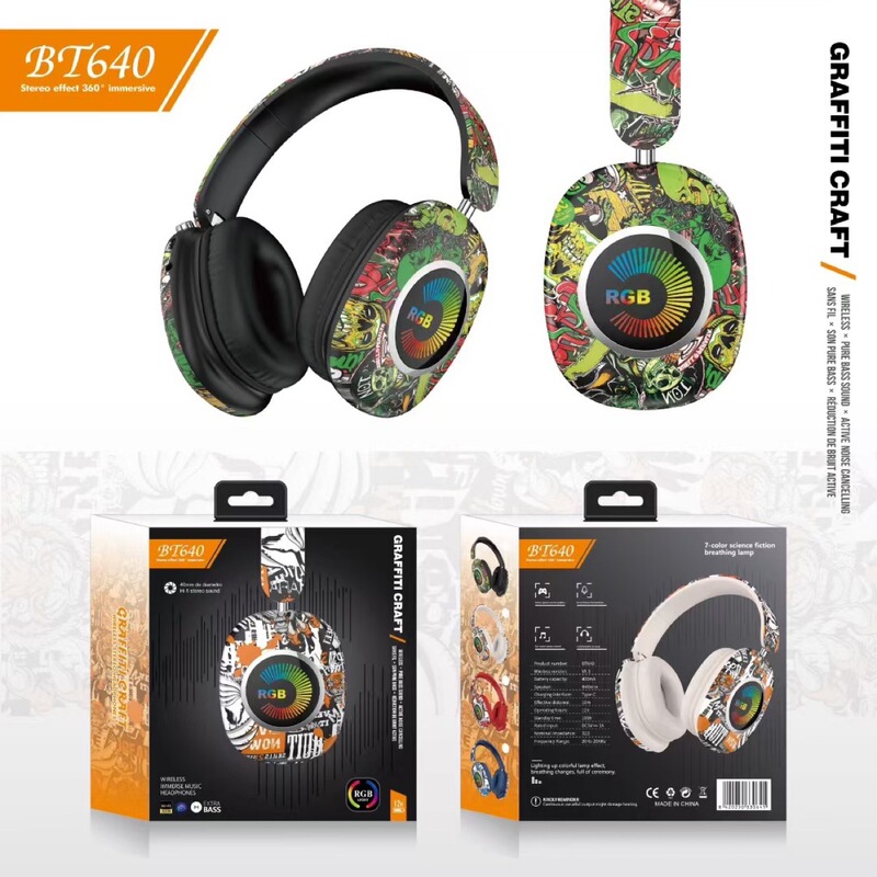 BT640爆款头戴蓝牙耳机无线耳麦国潮涂鸦RGB发光立体声音乐运动|undefined