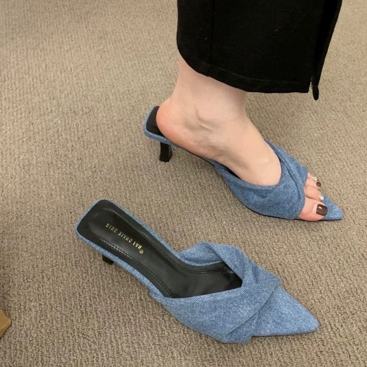 Женские туфли-лодочки в стиле феи, лето 2025, заостренный носок, открытый носок, джинсово-синие, на высоком каблуке, с бантом