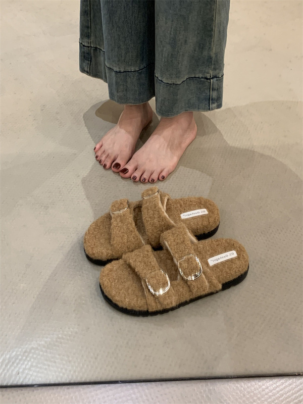 韩版勃肯毛毛拖鞋女外穿秋冬新款羊羔毛厚底一脚蹬懒人棉拖鞋子女|undefined