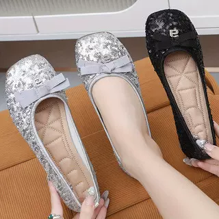平底方头女单鞋仙女蝴蝶结亮片百搭浅口豆豆鞋一脚蹬玛丽珍鞋