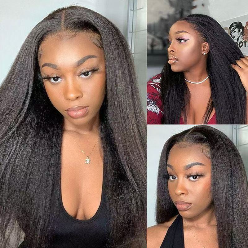 Kinky Straight Wig Headgear for Women Black Yaki Fluffy Long Hair Real Hair Headgear Wigs Wig