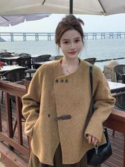 感圆领短款呢子大衣女秋冬2025年新款显瘦毛呢外套小个子韩系气质
