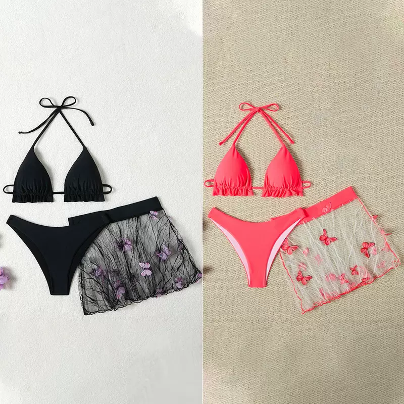 欧美新款保守泳衣女跨境纯色比基尼三件套紧身聚拢运动款