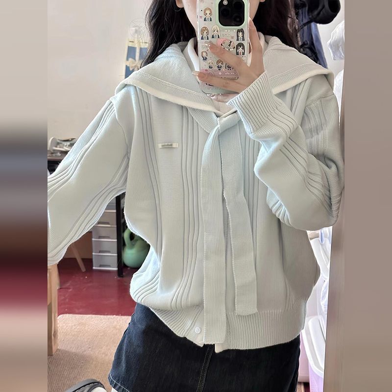 Korean New Style Blue Spring and Autumn Loose Lazy Style Top Navy Collar Knitted Cardigan Sweater Jacket for Women