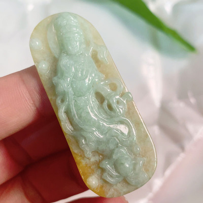A貨翡翠觀音吊墜  緬甸玉老坑冰糯種黃翡雙彩精雕觀音批發配證書