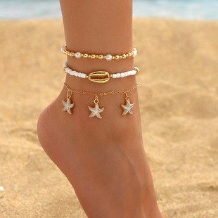 Europe and the United States cross-border hot selling bohemian beach vacation rice beads shell starfish elastic line ankle bracelet three pieces
