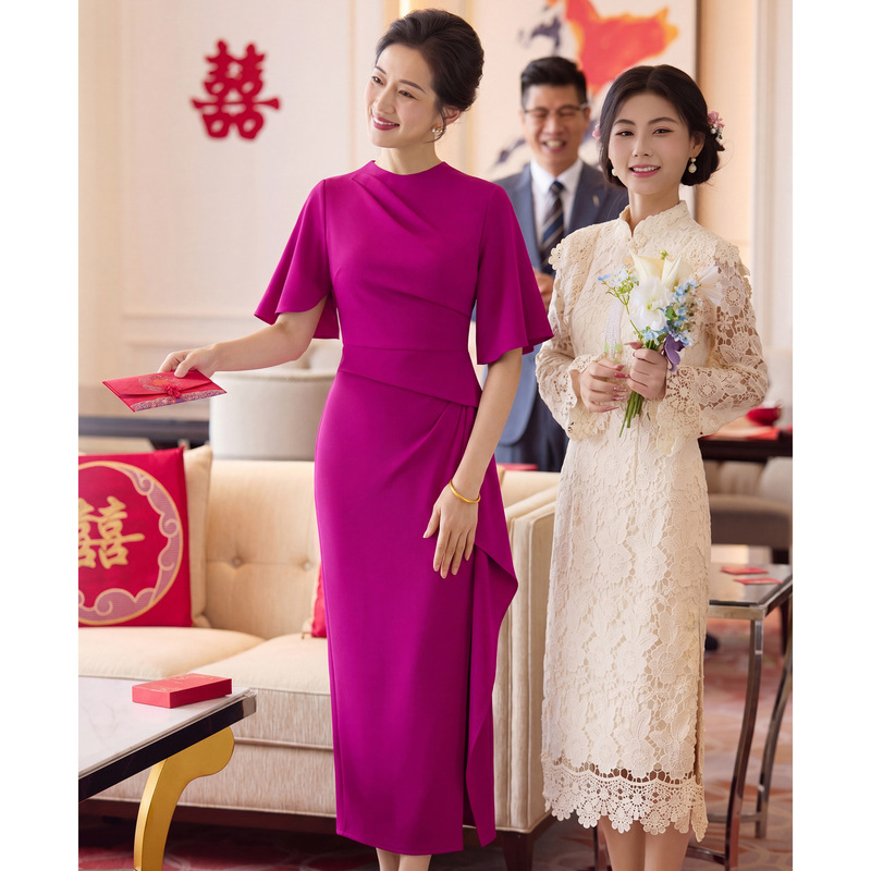 Zhili 2026 Elegant Mother-Of-The-Bride Dress, Wedding Banquet Outfit for the Bride's Mother, Can Be Worn Casually, in Rose Red, Slimming Dress Zhili 2026 Elegant Mother-Of-The-Bride Dress, Wedding Banquet Outfit for the Bride's Mother, Can Be Worn Casually, in Rose Red, Slimming Dress
