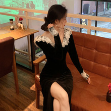 跨境专供黑色开叉丝绒连衣裙女2021春秋法式长袖蕾丝花边气质长裙