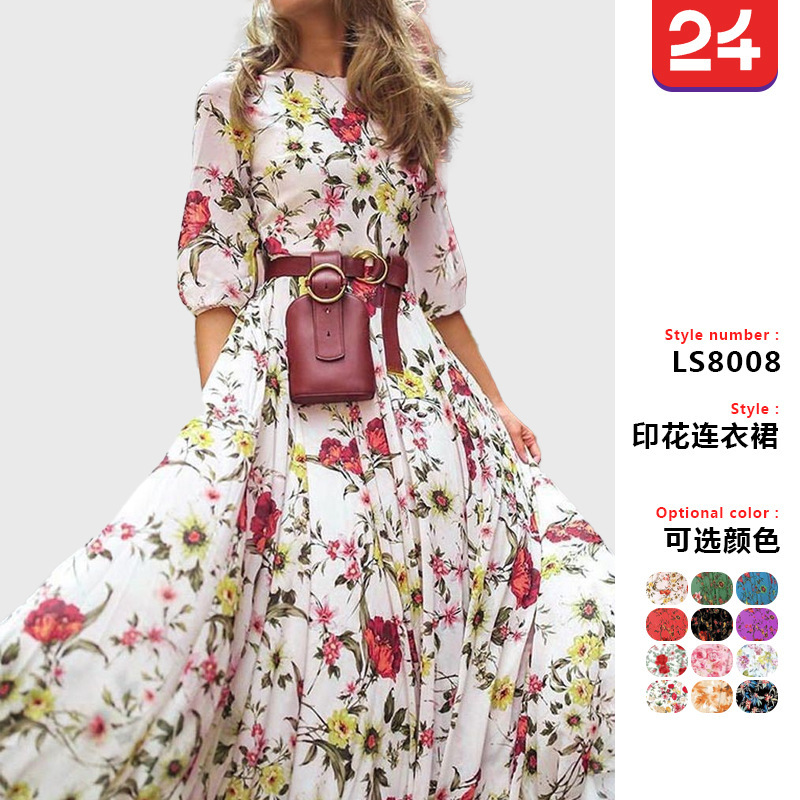 2026 Spring and Autumn European and American New Cross-Border Amazon Dress Digital Print Large Hem Elegant Floral Slim Long Dress