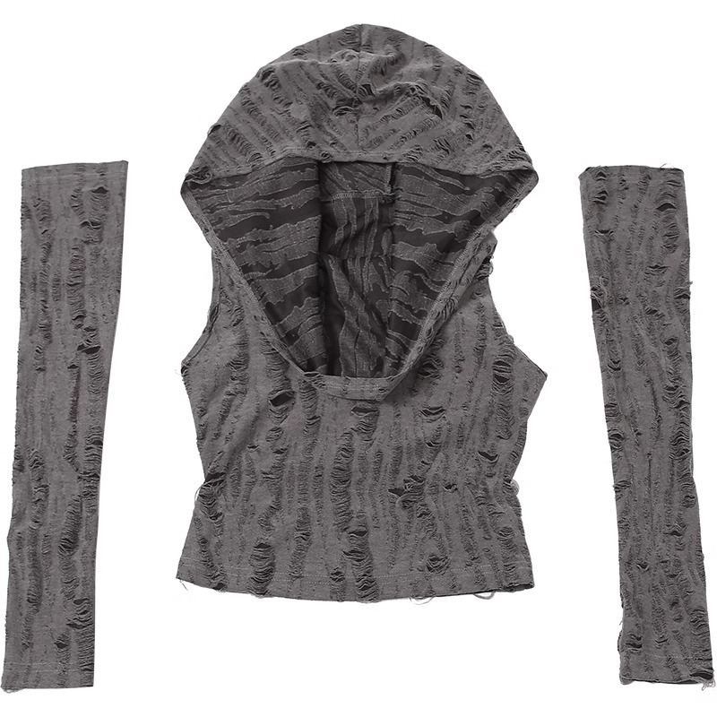 Official figure real price waste soil wind sweet hot girl short sleeve top women's spring and summer hole vest hooded base shirt T-shirt