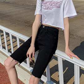 网红牛仔五分短裤女夏2023新款学生黑色高腰紧身弹力显瘦骑行中裤