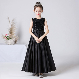 Children's Dress Black Girl's Banquet Host Evening Dress Student's Piano Performance Dress Large Children's Concert Dress