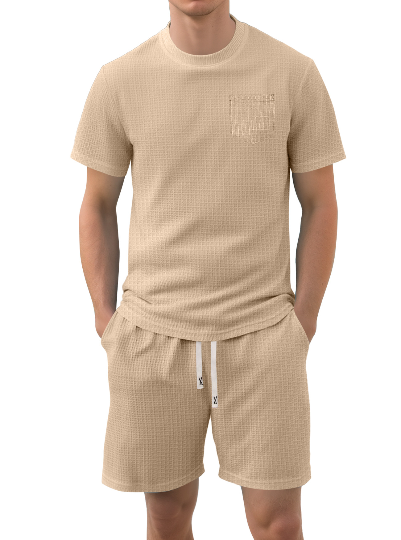 Nuevo transfronterizo Europa y América Amazon verano nuevo producto de hombre delgado waffle casual deportivo de manga corta set de pantalones cortos