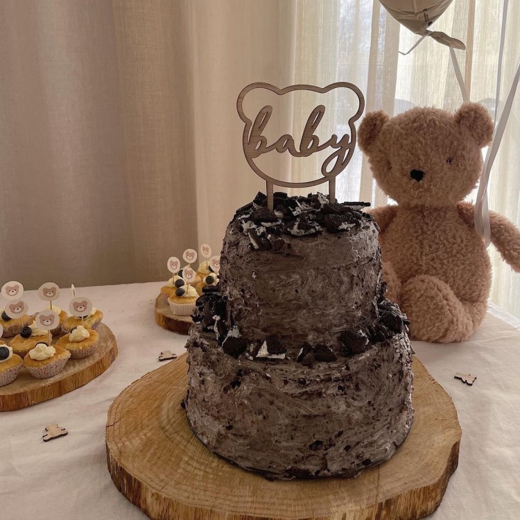 ins风新款跨境木质小熊头baby生日周岁儿童宝宝派对蛋糕装饰插旗