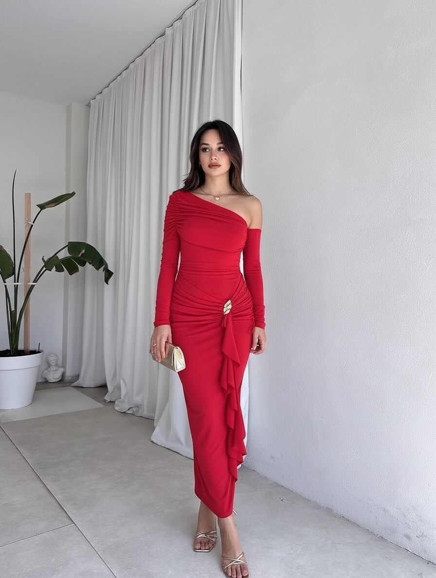 Women Asymmetrical One Shoulder Solid Color Long Sleeve High Waist Bodycon Sexy Hip Wrapped Ruched Party Evening Dress_ecoleips.com