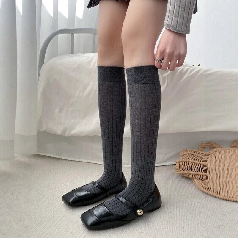 Gray Runway-Style Calf Socks for Women, Spring and Autumn Thin Cotton Ribbed Slouch Socks, Mesh Breathable Mid-Calf Socks, Miu Style Jk Long Socks