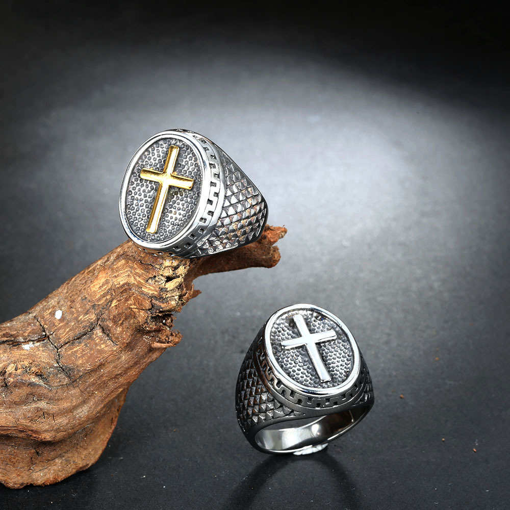 Street Occasion Hip-Hop Cross Titanium Steel Plating 18K Gold Plated Men'S Rings Men Signet Rings