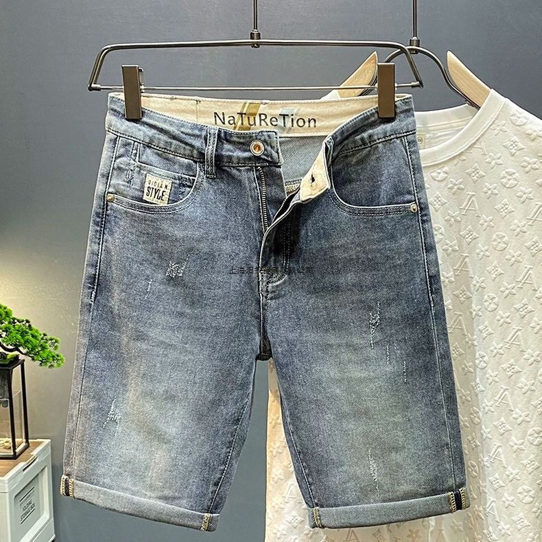 Simple and Versatile Casual Denim Shorts for Men, Summer Thin Style, Loose Trendy Brand Mid-Length Pants, Fashionable Slim-Fit Five-Point Pants