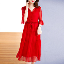 杭州丝绸真丝连衣裙法式甜美纯色短袖高级感飘逸中长款桑蚕丝裙子