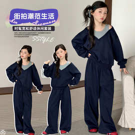 韩系女童假两件卫衣套装2026新款秋季中大童时髦甜美女孩两件套装