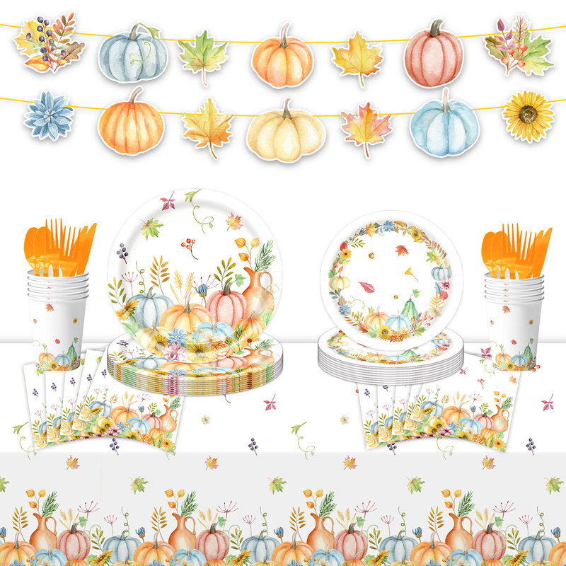 Autumn Harvest Pumpkin Maple Leaf Disposable Plates Paper Cups Tissue Paper Flags Thanksgiving Party Table Decoration Set