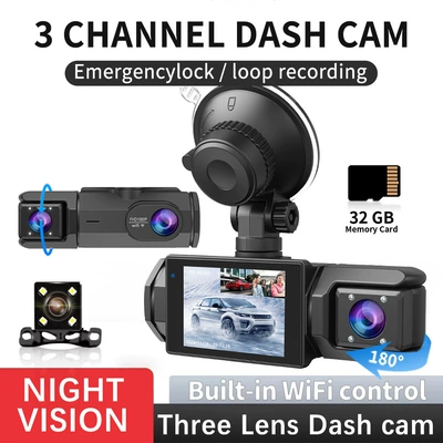 Driving recorder Display Dashcam with High-Definition Wifi - 3-channel-dvr-with-wifi-32gb-memory-card