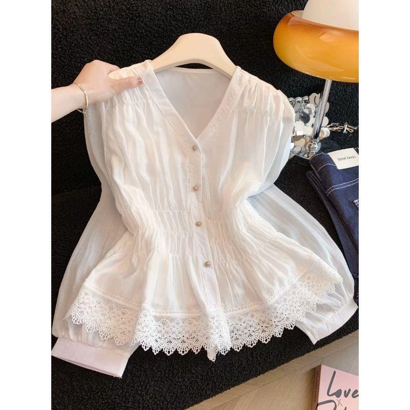 Recommended for Personal Collection~ V-Neck Puff Sleeve Top for Women, 2026 Early Spring New Style, Waist-Cinching Lace Patchwork Long-Sleeve Shirt