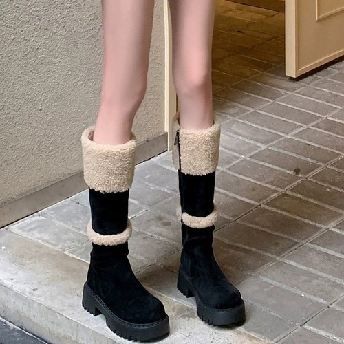 Sheep Lamb Snow Ground Length Boots Women Winter Fleece Lined Petite Heel Height Fashion Boots Warm Cotton Boot