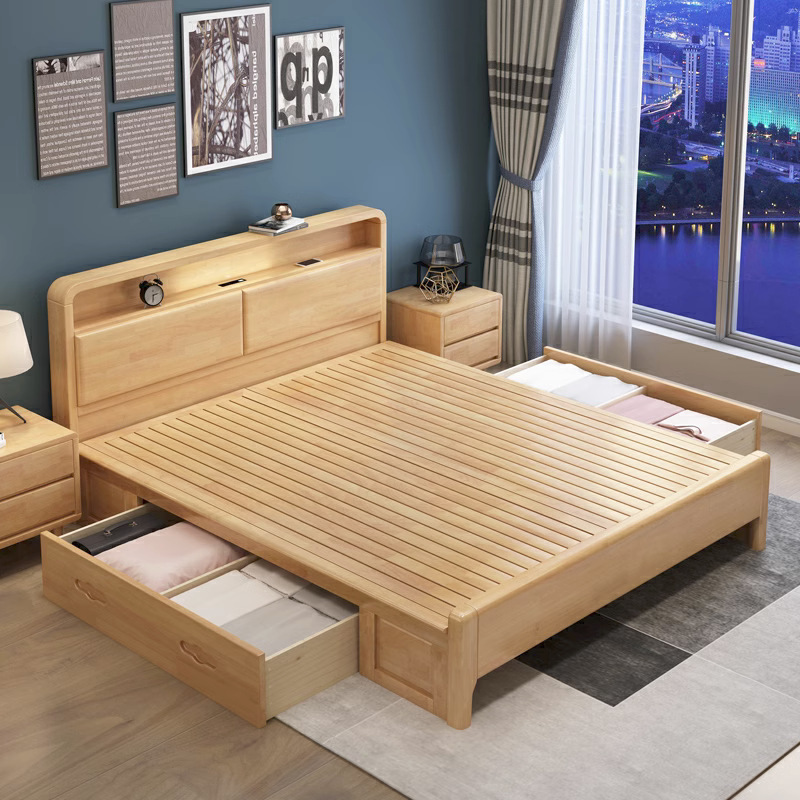Nordic Modern Simple Solid Wooden Bed 1.2 m 1.5 m 1.8 m Soft Double Bed with Rechargeable Night Light Bed