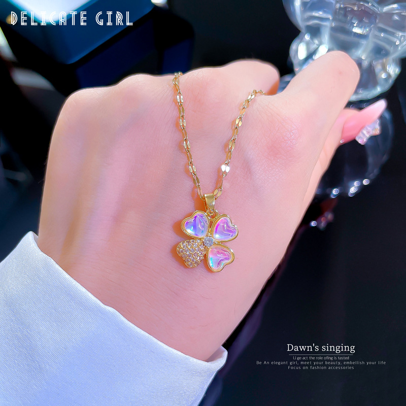 Fashion Four Leaf Clover Stainless Steel Plating Inlay Rhinestones Pendant Necklace Colorza_colorza_5