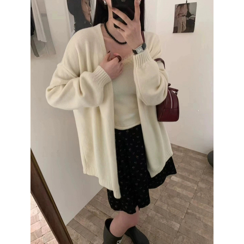YS韩版休闲纯色蕾丝边吊带背心针织开衫外套显瘦慵懒风毛衣两件套|undefined
