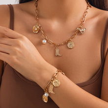 欧美跨境饰品 ins牛仔靴合金吊坠项链 不规则珍珠necklace百搭女